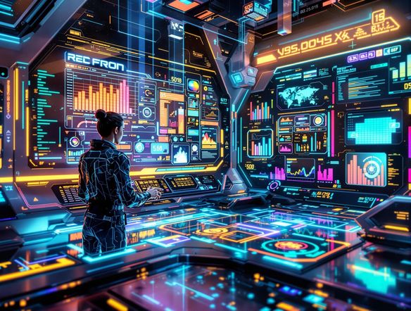A futuristic screenshot of a user interface featuring vibrant data visualizations and interactive elements, reflecting advanced AI capabilities.