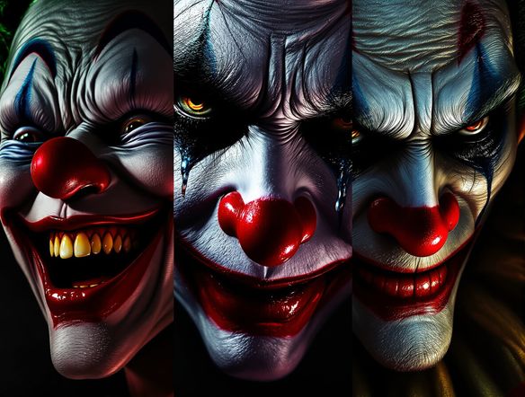 A split image showcasing three distinct clown faces: one laughing joyfully, one with a single tear, and one with menacing eyes. Joker style art, dramatic lighting, emotional contrast.