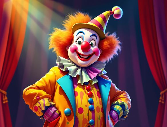 A whimsical circus clown with a brightly colored, oversized suit and a friendly smile, standing center stage. AI clown design maker, vibrant colors, detailed costume.