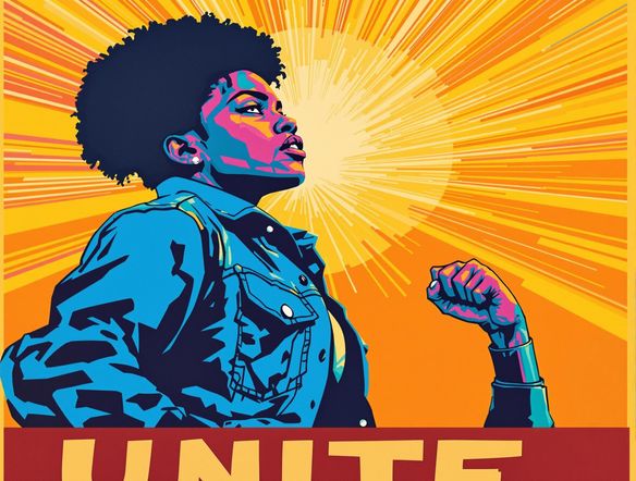 Create a 'Hope' style poster featuring a stylized portrait of a determined activist, bathed in warm, optimistic colors, with the word 'Unite' emblazoned across the bottom in a bold sans-serif font.