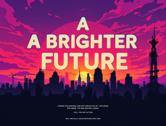 Design a visually striking campaign poster featuring a silhouette of a cityscape at sunset, overlaid with the words 'A Brighter Future' in a large, modern font, and a call to action at the bottom.