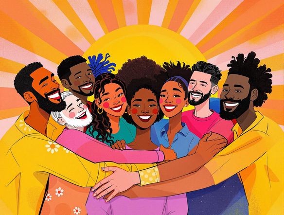 A vibrant campaign poster featuring a diverse group of people, optimistic smiles, and a hopeful message, set against a background of a rising sun.