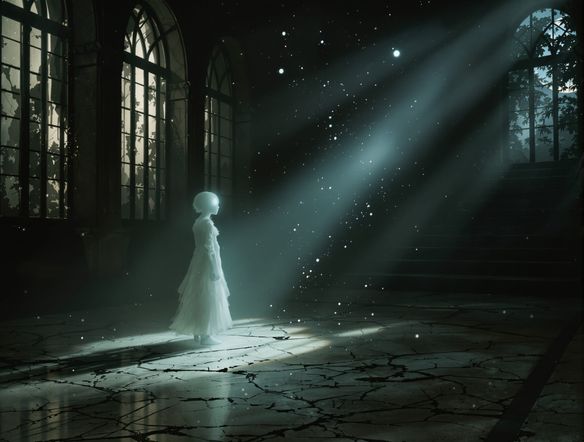 A translucent, glowing apparition of a Victorian child standing in a decaying, moonlit ballroom. Dust motes dance in shafts of pale light, casting long, distorted shadows. Spooky location maker, gothic horror.