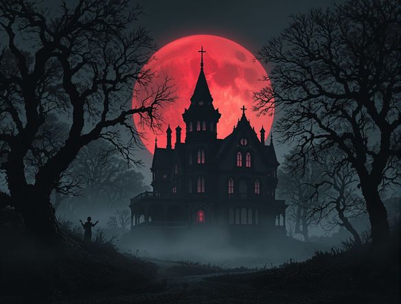 A Victorian haunted mansion silhouetted against a blood-red moon, surrounded by gnarled, shadowy trees. Ethereal mist clings to the ground, creating a ghostly atmosphere art. Cinematic lighting, horror art style.