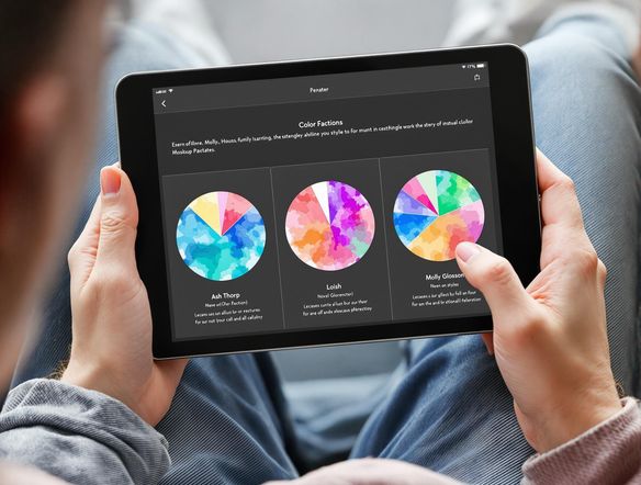 A set of three pie charts, each with a distinct color palette and data representation, displayed on a tablet device. The scene captures a user interacting with an instagram mockup generator interface, highlighting the ease of use. Use vibrant, eye-catching colors.