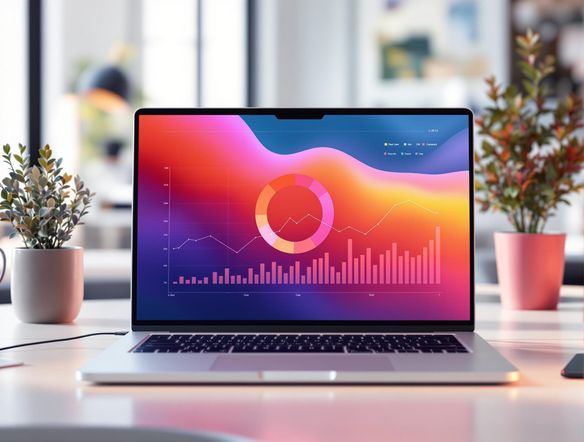 A vibrant pie graph displayed on a modern laptop screen, showcasing data insights. The scene includes a clean, minimalist office setup with natural lighting, emphasizing clarity and professionalism. Use 3D rendering for a realistic ai mockup generator effect.