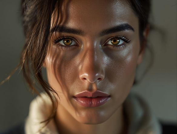 A hyperrealistic AI-generated portrait of a person with striking features, soft studio lighting, shallow depth of field, subtle imperfections.