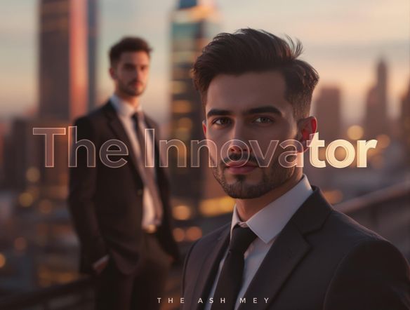 A photorealistic avatar of a young professional, dressed in stylish business attire. The background is a blurred cityscape at dusk. Overlay the avatar with a subtle, transparent text 'The Innovator' using a sophisticated, modern 3D letter generator.