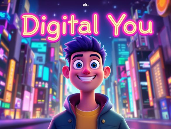 A vibrant, cartoon-style avatar with a futuristic cityscape background. Incorporate 3D rendered text that reads 'Digital You' using a bold, neon font. The avatar should have bright, expressive eyes and a confident smile.