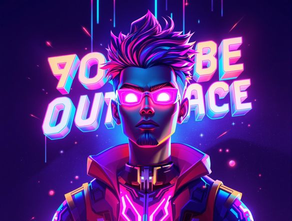 A vibrant, stylized avatar with glowing eyes and dynamic 3D text floating behind it, showcasing a futuristic and personalized digital identity.