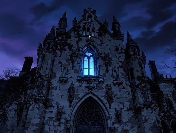 A detailed illustration of a crumbling gothic manor facade at twilight, with a single window emitting a faint, mysterious light. Gothic architecture generator, vampire art maker, moody atmosphere, high detail.