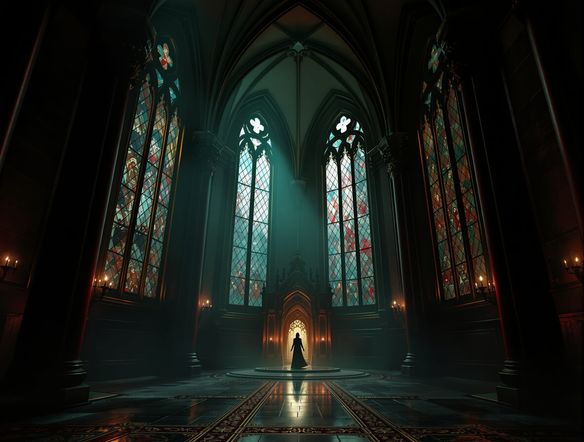 An imposing, dimly lit gothic cathedral interior with stained glass windows casting eerie shadows, leading to a hidden, ornate vampire lair. Victorian gothic style, atmospheric lighting, dark art generator.