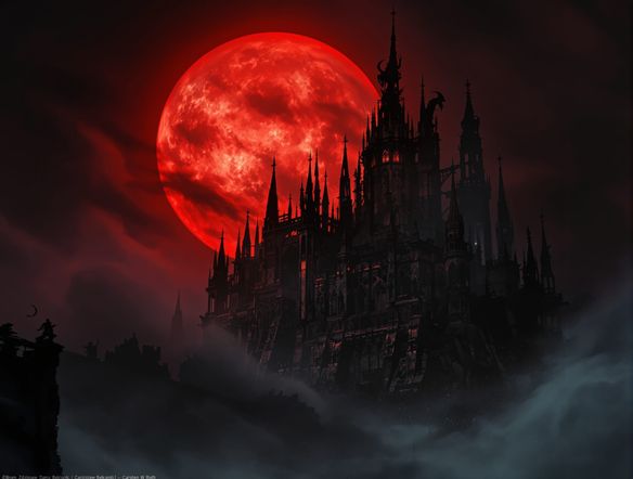 A majestic gothic cathedral silhouette against a blood-red moon, intricate gargoyles, swirling dark mist, dramatic lighting, highly detailed, cinematic.