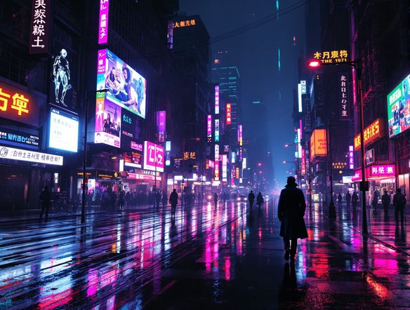 A neon-drenched cityscape at night, with holographic advertisements flickering and a lone figure in a trench coat walking down a rain-slicked street, embodying the synthpunk aesthetic.