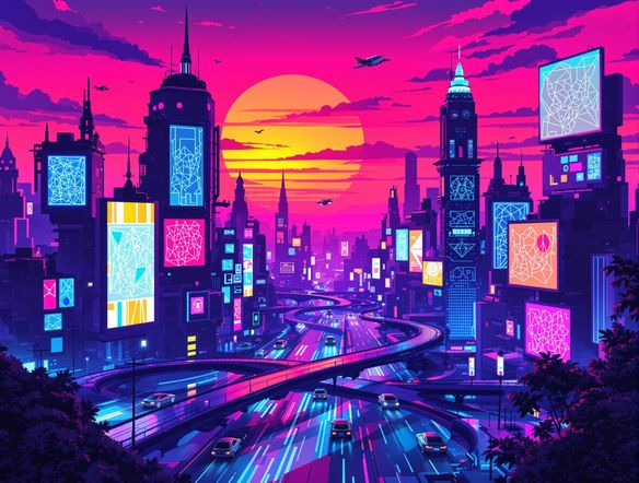 A neon-drenched cityscape at sunset, blending 80s synthwave aesthetic with retro-futurism art, flying cars, glowing billboards, digital painting.