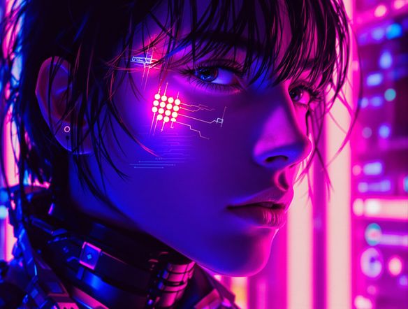A close-up portrait of a cyberpunk hacker, bathed in neon light, reminiscent of 80s-90s digital art, with glowing cybernetic implants, Neon Punk AI style.