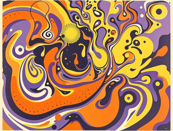 A 1970s-style concert poster featuring a psychedelic pattern and bold typography, designed as vintage screen print art.