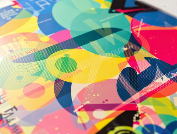 Vibrant, multi-layered screen printed poster design with bold typography and abstract geometric shapes, showcasing the distinct texture of screen printing ink.