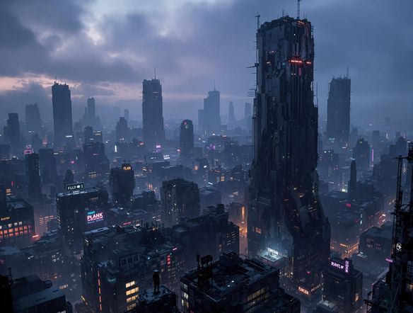 A sprawling, rain-drenched dystopian cityscape at dusk, towering decaying skyscrapers, neon signs flickering, smog-filled atmosphere, cinematic lighting, ultra-detailed, futuristic dystopia art.