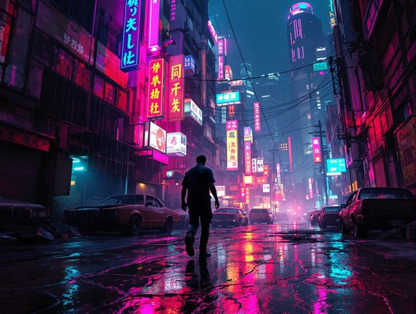 A lone figure in tattered clothes navigates a neon-lit, rain-slicked alleyway in a gritty cyberpunk dystopia, towering oppressive architecture, abandoned vehicles, atmospheric, cinematic, detailed illustration.