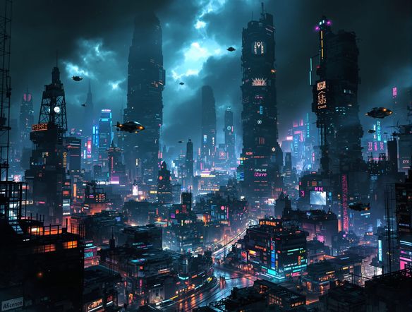 A sprawling, neon-lit dystopian city at night, with flying vehicles and towering, oppressive skyscrapers under a polluted, stormy sky.