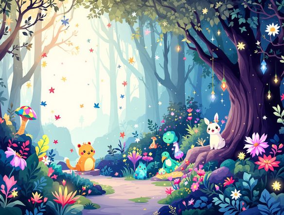 A whimsical, magical forest scene rendered in a modern vector art style. Features glowing flora and friendly creatures. Digital vector art creator, best vector graphics software AI, intricate details.