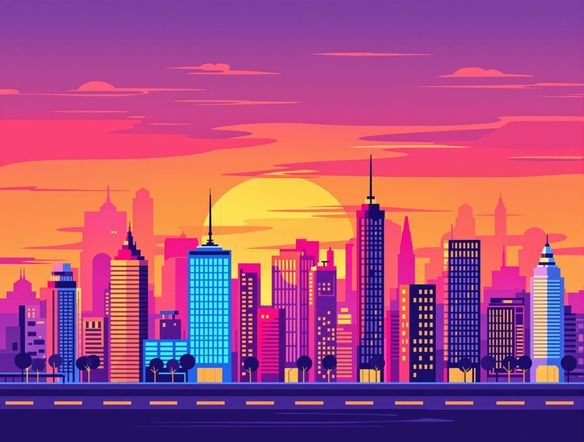 A vibrant, clean vector illustration of a stylized cityscape at sunset, perfect for a website banner. Flat design, bright colors, scalable SVG, online vector illustration maker.