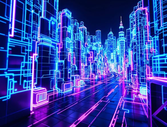 An intricate, glowing neon wireframe sculpture of a futuristic cityscape at night, with vibrant blue and purple lines forming buildings and streets, abstract and ethereal.