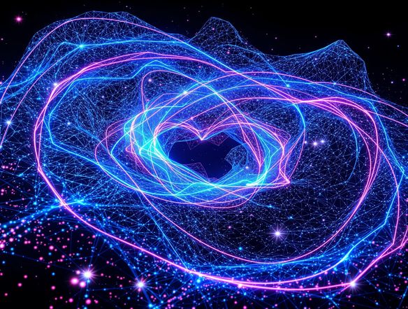 A glowing neon wireframe sculpture of a cosmic nebula, intricate details, vibrant electric blue and pink light trails, dark background, digital glowing art style.