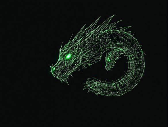 A complex cybernetic wireframe dragon, sleek metallic lines, glowing emerald eyes, floating in a void, futuristic line art, sharp edges, minimalist.