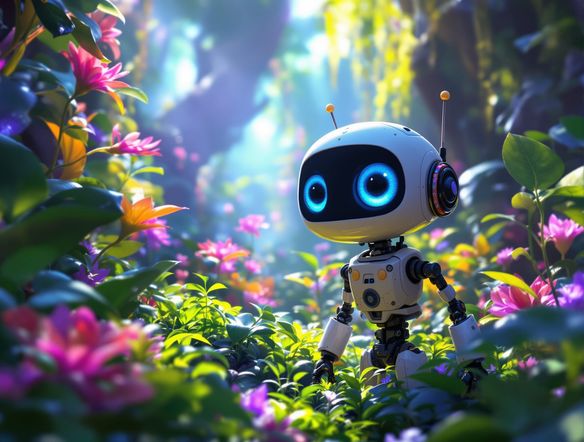 A whimsical scene from a Pixar-style animated movie, featuring a curious robot exploring a lush, alien jungle. Bright colors, soft lighting, high detail, cinematic composition.