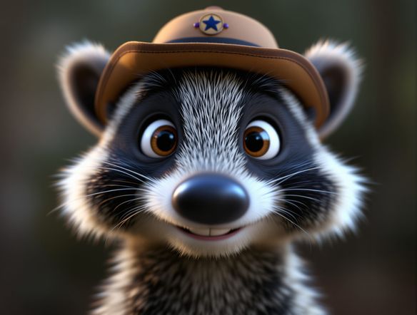 A close-up portrait of a cheerful, anthropomorphic badger wearing a tiny adventurer's hat, rendered in a classic Pixar style. Soft, volumetric lighting, detailed fur texture, friendly expression.