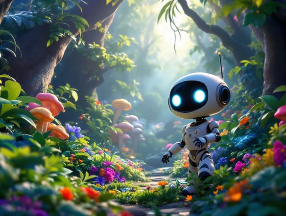 A whimsical Pixar-style scene featuring a friendly robot exploring a vibrant, alien jungle, with lush flora and glowing fungi, rendered in bright, saturated colors and soft lighting.