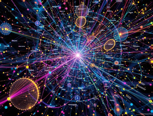 An intricate network graph displaying interconnected data points, calligraphic labels, vibrant colors, and dynamic visual effects.