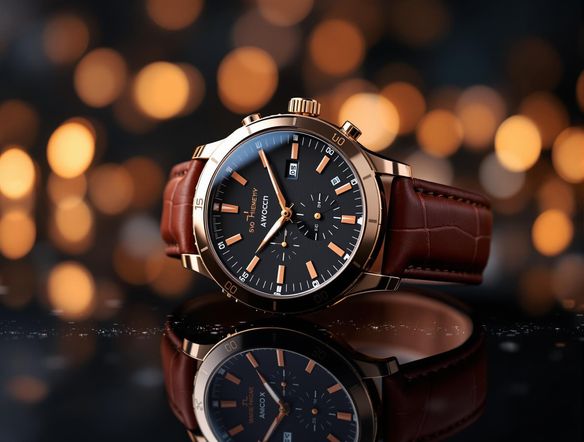 A sleek, modern product shot of a luxury watch on a reflective surface, surrounded by bokeh lights, showcasing its intricate details and design.