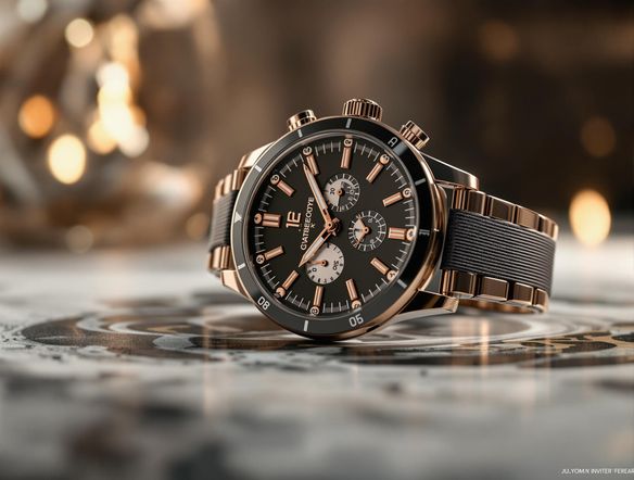 A vibrant product photo showcasing a high-end watch on a sleek, modern surface. Soft, diffused lighting, shallow depth of field. Add a subtle birthday invite generator watermark in the background. Photorealistic, 8k.