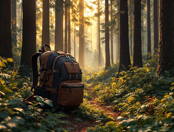 A product photo featuring a stylish backpack in a lush forest setting. Golden hour lighting, dynamic composition. The backpack is the main focus, with the forest creating a sense of adventure. High resolution, realistic.
