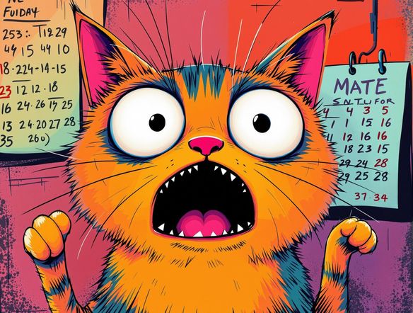 A meme featuring a surprised cat with the caption 'When you realize Monday is closer than Friday.' High contrast, humorous expression, vibrant colors, trending meme style.