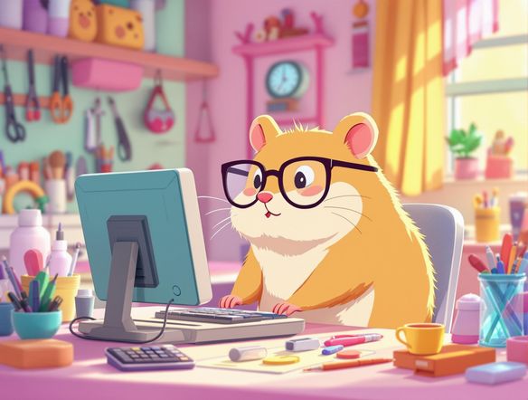 A hilarious Etsy banner featuring a hamster typing on a tiny computer with the caption 'Adding new items to my shop!' Bright, cheerful, cartoon style, inviting and funny.