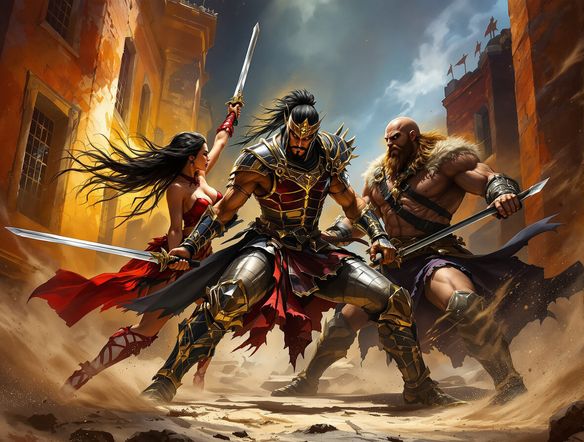 A dynamic illustration featuring a female samurai warrior, a classic knight, and a fierce barbarian in a dramatic battle pose, high fantasy art.