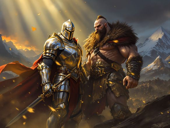 A majestic knight in shining armor standing beside a powerful barbarian warrior, both rendered in a detailed fantasy art style, epic lighting.