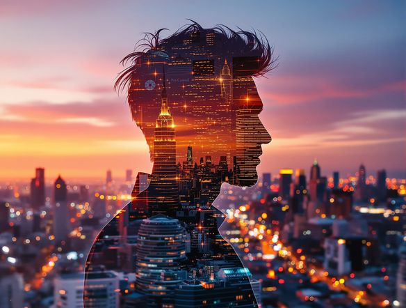 A striking digital double exposure effect blending a man's silhouette with a vibrant cityscape at sunset, dynamic composition, photorealistic style, creative photo merge.