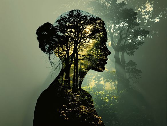 A striking double exposure portrait of a woman's silhouette overlaid with a vibrant forest landscape, emanating a mystical aura.