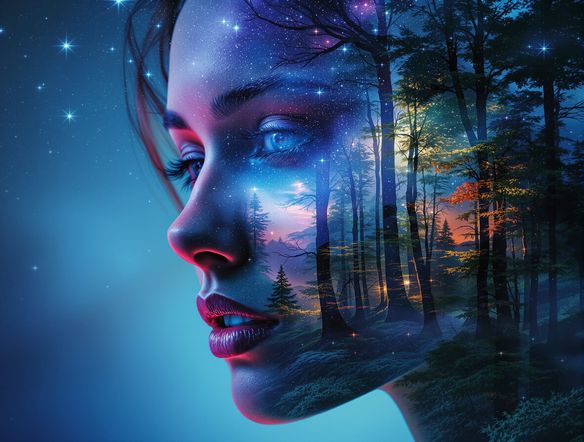 Surreal double exposure portrait of a woman's face overlaid with a starry night sky and a mystical forest, ethereal lighting, highly detailed, artistic rendering.