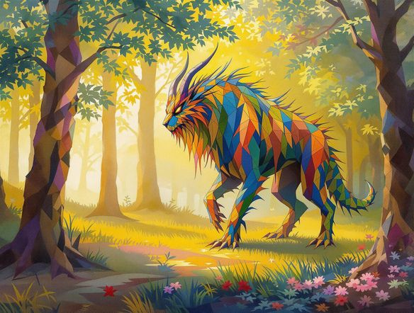 A vibrant AI tempera painting of a mythical creature in a forest clearing, showcasing the unique texture and layering of tempera art.