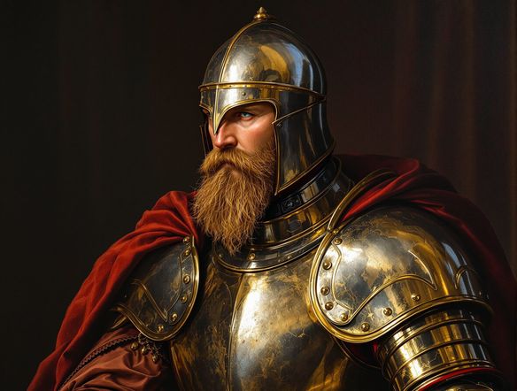 A majestic medieval knight portrait, rendered in the distinct style of egg tempera painting, showcasing vibrant colors and fine detail, inspired by historical masters.