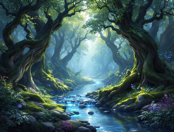 An enchanted forest clearing bathed in ethereal light, with ancient trees, glowing flora, and a hidden stream. Magical kingdom art, fantasy illustration, high detail.