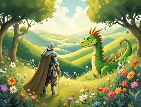 A whimsical scene from a fairy tale, featuring a brave knight encountering a friendly dragon in a vibrant, stylized landscape. Folklore illustration AI, storybook art style, charming and colorful.