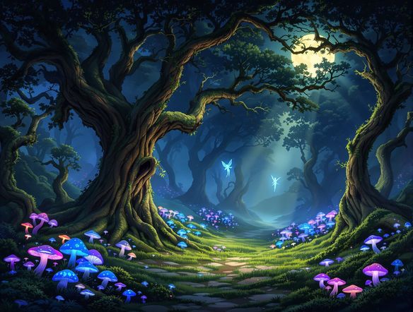 A whimsical, enchanted forest clearing bathed in ethereal moonlight, with glowing mushrooms, ancient trees, and a faint silhouette of a fairy.