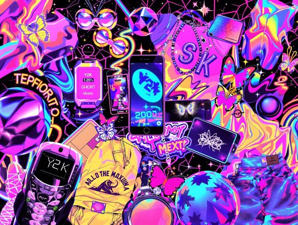 A vibrant Y2K aesthetic collage featuring holographic elements, butterfly clips, flip phones, and low-rise jeans, rendered in a retro digital art style.
